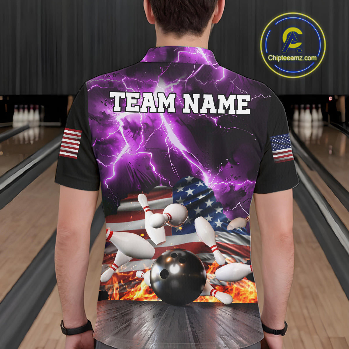 Man wearing purple lightning thunder American flag bowling polo shirt back view.
