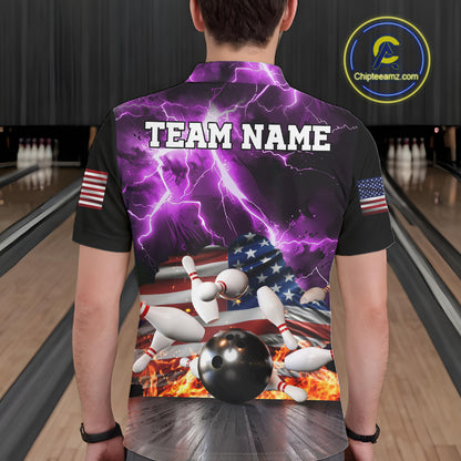 Man wearing purple lightning thunder American flag bowling polo shirt back view.