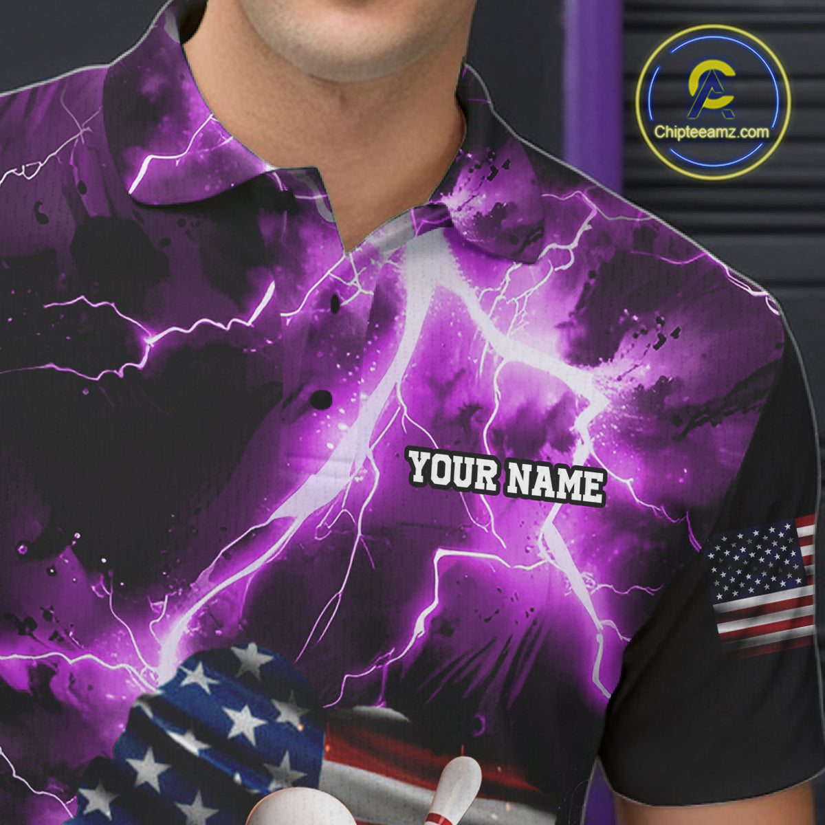 Close up of purple lightning thunder American flag bowling polo shirt collar, buttons and chest design.