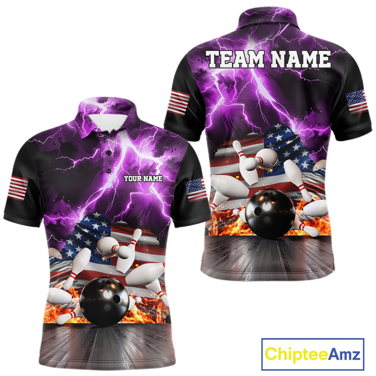 Purple lightning thunder American flag bowling team polo shirt for men, patriotic bowling jersey design.