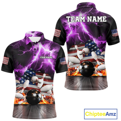 Purple lightning thunder American flag bowling team polo shirt for men, patriotic bowling jersey design.