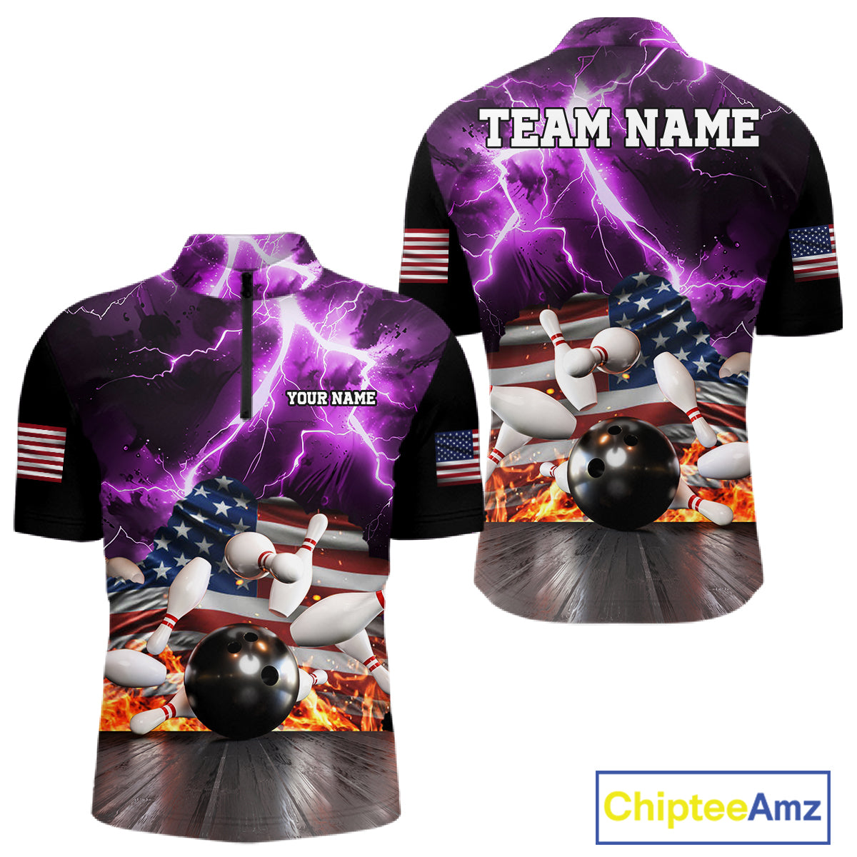 Purple lightning thunder American flag bowling quarter zip shirt for men, custom league team jersey.