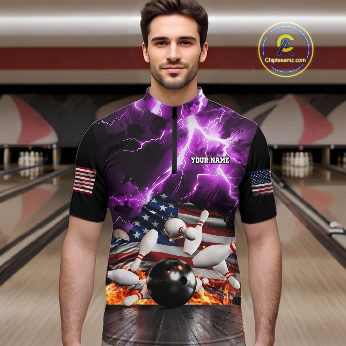 Man wearing purple lightning thunder American flag bowling polo shirt front view.