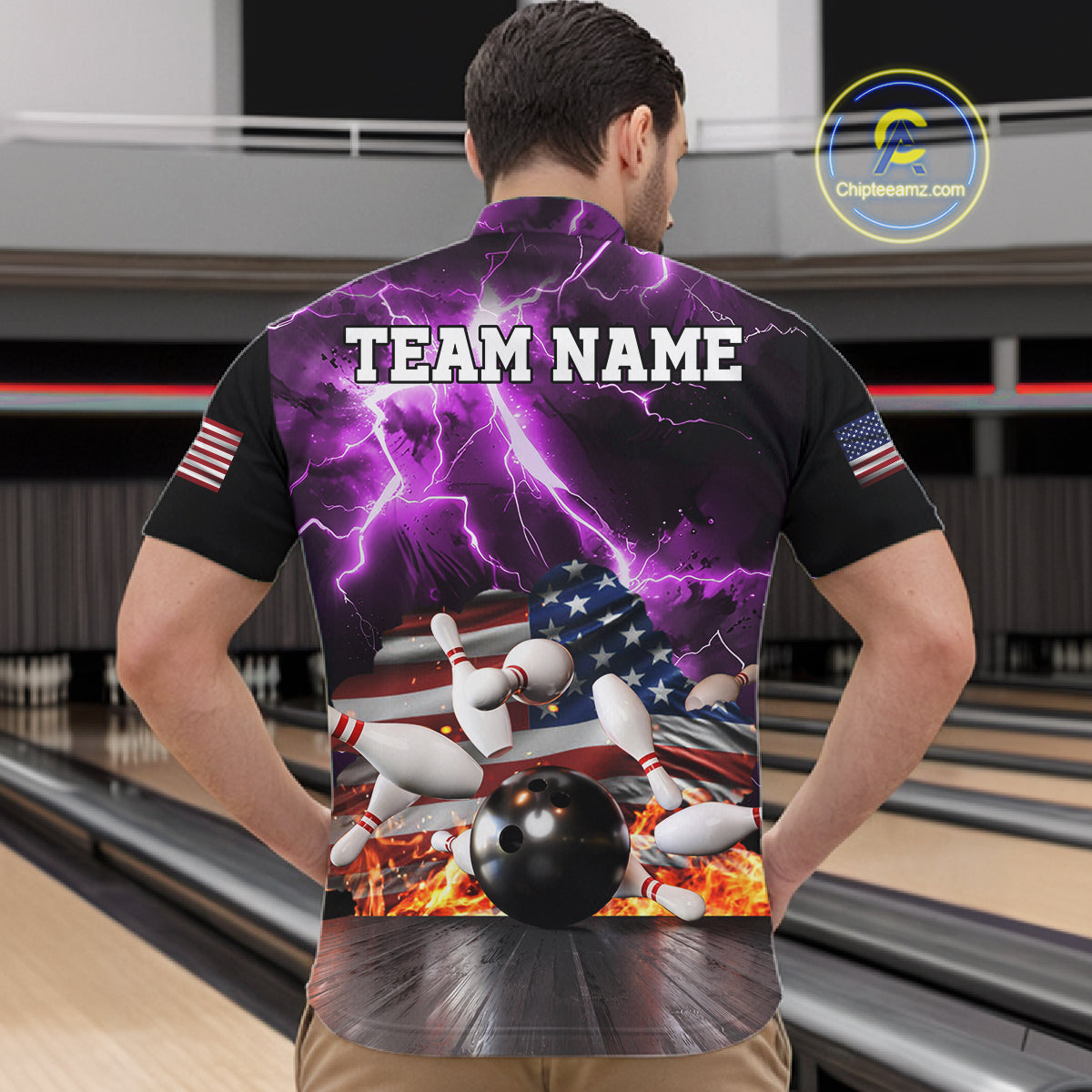 Man wearing purple lightning thunder American flag bowling quarter zip shirt back view.