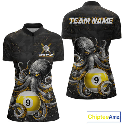 Funny octopus 9 ball quarter zip billiard shirt for women, personalized pool team jersey.