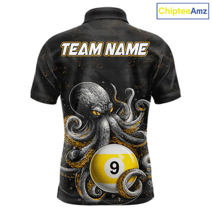Funny octopus 8 ball and 9 ball custom billiard polo shirt for men, personalized pool player apparel.