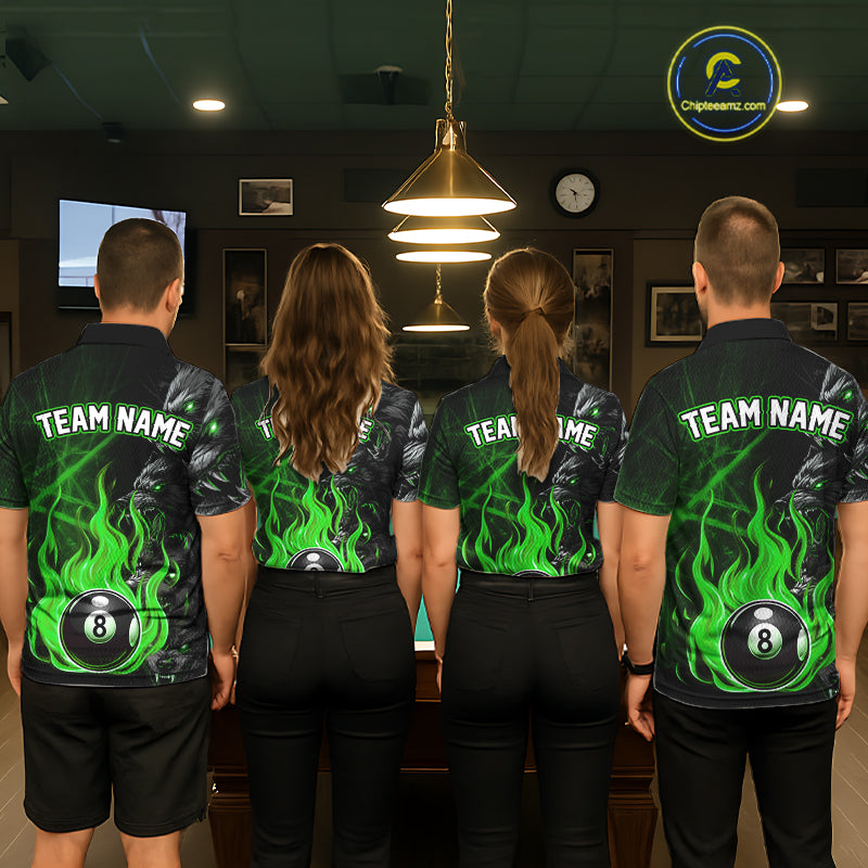 Personalized Wolf Flaming 8 Ball Pool Fire Women Billiard Shirts Team League Billiard Jerseys |Green TDM5596