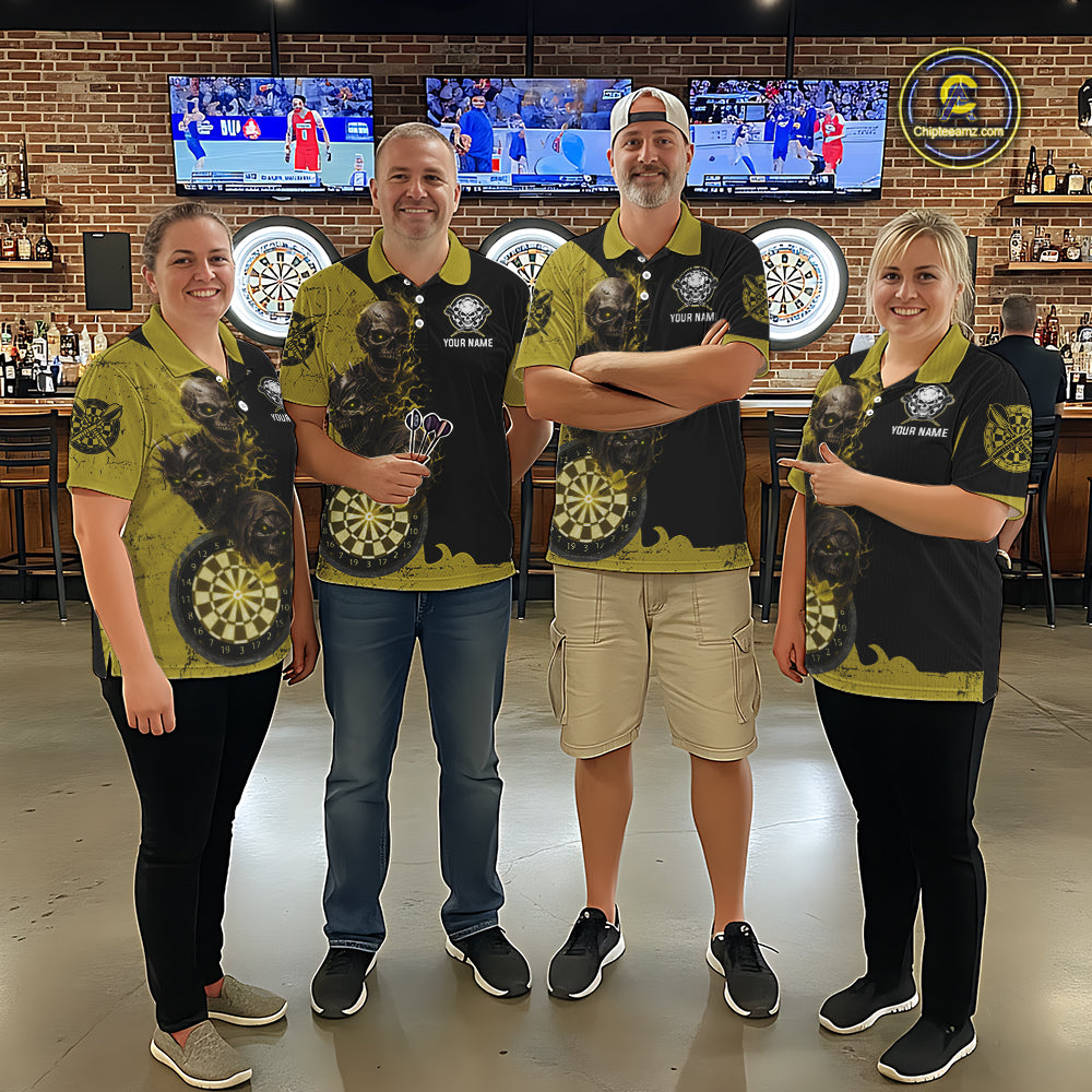 Personalized Yellow Black Skull Smoke Darts Shirt For Women Custom Darts Team Jersey Polo &1/4 Zip TDM5837