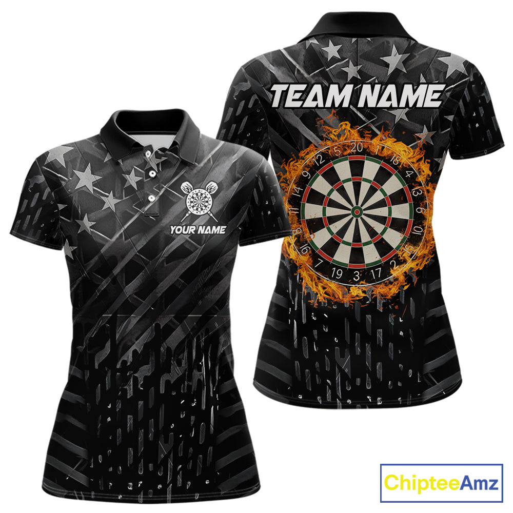 Black US Flag Dartboard Fire Darts Shirt For Women Custom Darts Jersey Team Polo & 1/4 Zip TDM5978