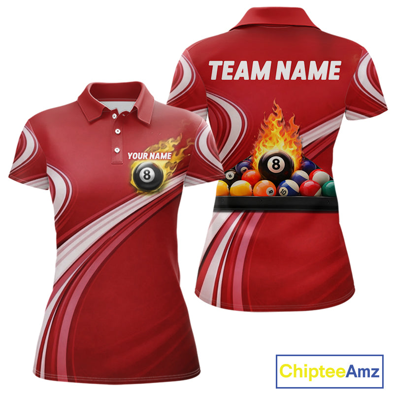 Personalized Red Billiard Jersey For Women Custom Flame 8 Ball Pool Billiard Shirt Polo & 1/4 Zip TDM6447