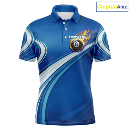 Personalized Blue Billiard Jersey For Men Custom Flame 8 Ball Pool Billiard Shirt Polo & 1/4 Zip TDM6448