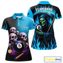 Load image into Gallery viewer, Custom Blue Flaming Grim Reaper 8 Ball Pool Billiard Shirt For Women, Funny Skull Pool Team Jersey TDM4280