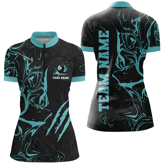 Personalized Black And Turquoise Grunge Billiard Polo, 1/4 Zip Shirts For Women, Billiard Jerseys TDM2400