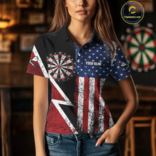 Load image into Gallery viewer, Personalized Grunge American Flag Women's Dart Shirts Custom Patriotic Darts Team Jersey Polo &amp; 1/4 Zip TDM4907