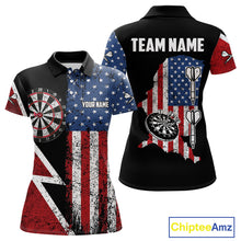 Load image into Gallery viewer, Personalized Grunge American Flag Women's Dart Shirts Custom Patriotic Darts Team Jersey Polo &amp; 1/4 Zip TDM4907