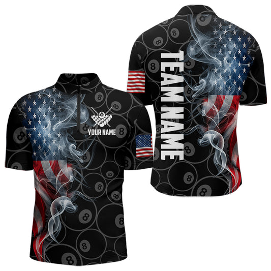 Personalized Smoke US Flag 8 Ball Pool Billiard Polo, 1/4 Zip For Men Team American Billiard Jersey TDM3662