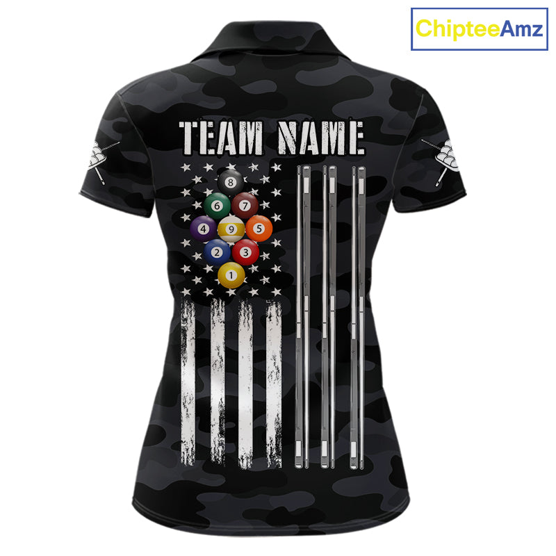 Personalized Camouflage US Flag Billiard Shirt For Women, 9 Ball Pool Team Jersey Polo & 1/4 Zip TDM5992