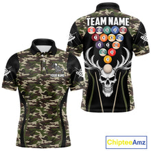 Load image into Gallery viewer, Personalized Green Camo Skull Billiard Shirt For Men, 8 Ball Billiard Team Jersey Polo &amp; 1/4 Zip TDM5993