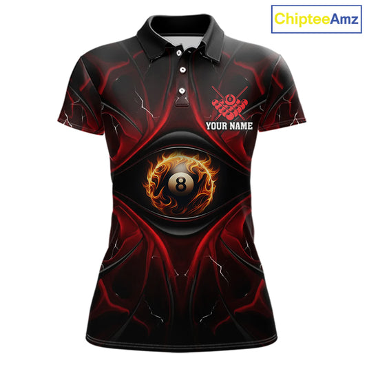 Women’s black and red flame 8 ball eyes pool polo shirt with bold billiard team graphics.