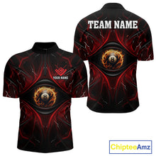 Load image into Gallery viewer, Men’s black and red flame 8 ball eyes billiard quarter zip shirt for tournaments and league matches.