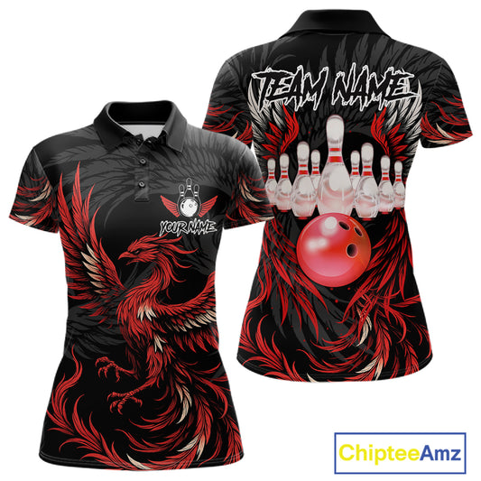 Personalized black and red phoenix wings bowling polo shirt for women, custom bowling team jersey.