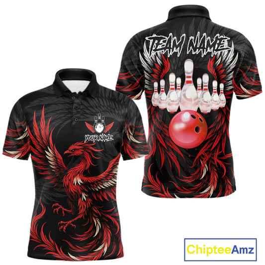 Personalized black and red phoenix wings bowling polo shirt for men, custom bowling team jersey.