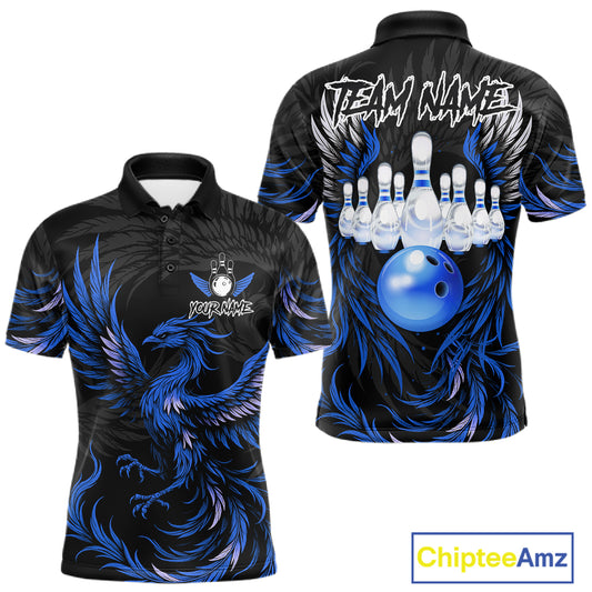 Black and blue phoenix wings bowling polo shirt for men, custom bowling team jersey.