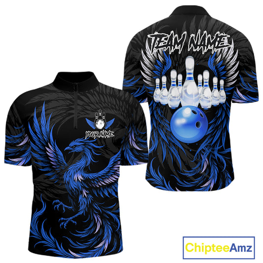 Black and blue phoenix wings bowling quarter zip shirt for men.