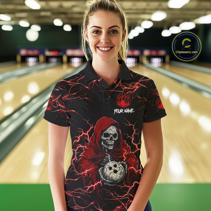 Woman wearing black and red grim reaper lightning bowling polo shirt front view.