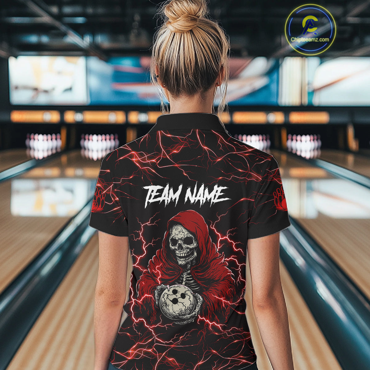 Woman wearing black and red grim reaper lightning bowling polo shirt back view.