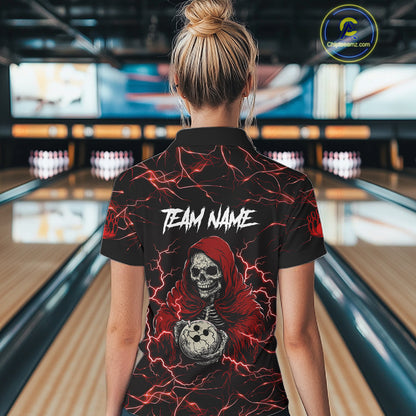 Woman wearing black and red grim reaper lightning bowling polo shirt back view.