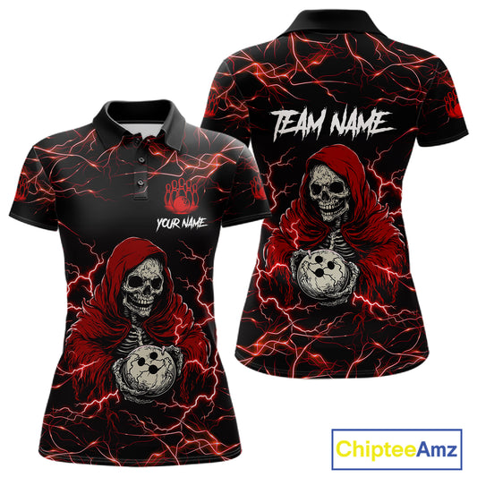 Black and red grim reaper lightning bowling polo shirt for women, custom bowling team jersey.