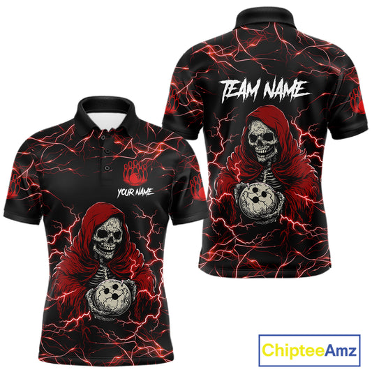 Black and red grim reaper lightning bowling team polo shirt for men.