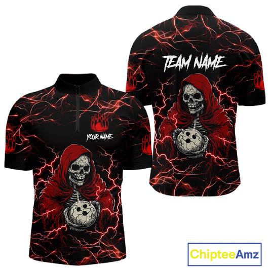 Black and red grim reaper lightning bowling quarter zip shirt for men.