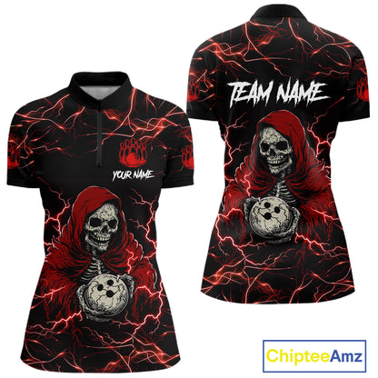 Black and red grim reaper lightning bowling quarter zip shirt for women.