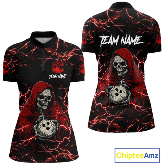 Black and red grim reaper lightning bowling quarter zip shirt for women.