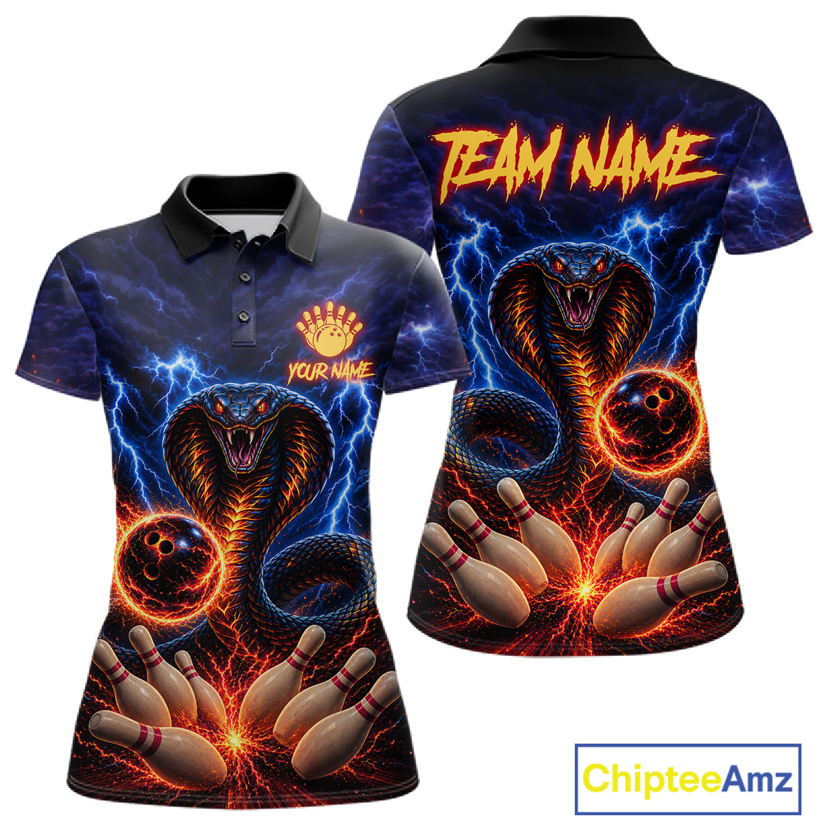 Blue lightning cobra bowling polo shirt for women, custom fire bowling league team jersey.