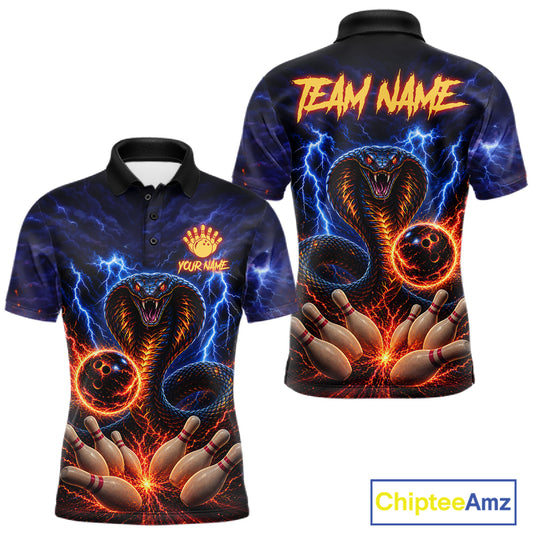Blue lightning cobra bowling team polo shirt for men with fire cobra design.