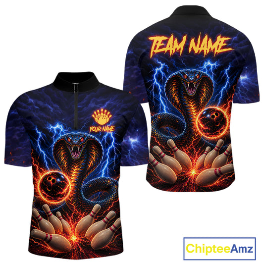 Blue lightning cobra bowling quarter zip shirt for men, custom bowling league jersey.
