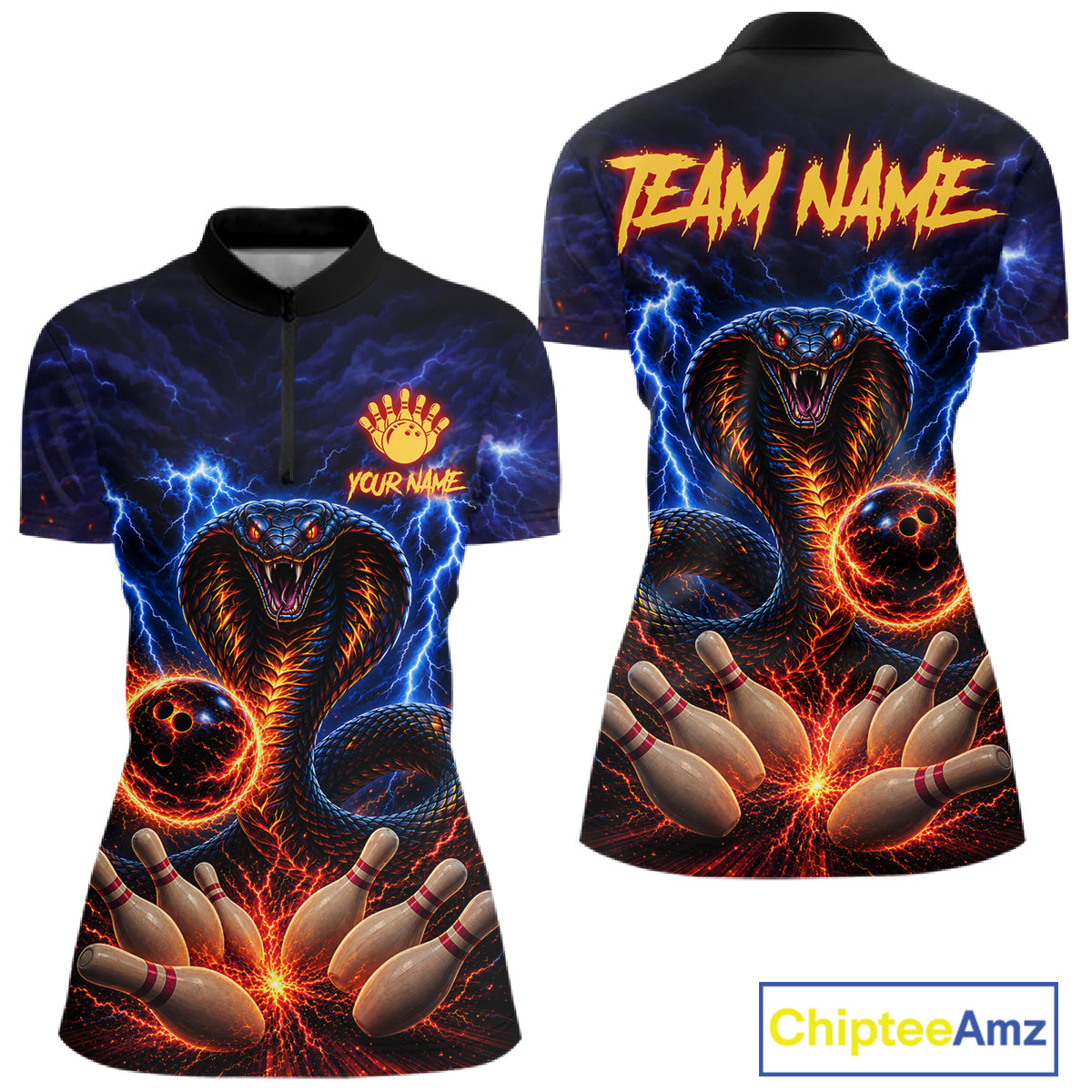 Blue lightning cobra bowling quarter zip shirt for women, custom bowling league jersey.