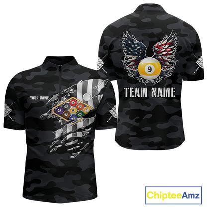 Personalized Camouflage US Flag Billiard Shirt For Men, Funny Patriotic 9 Ball Wings Pool Jersey TDM4479
