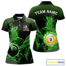 Load image into Gallery viewer, Green 8 Ball &amp; 9 Ball Flame Smoke Custom Dragon Billiard Shirts For Women, Billiard Team Jersey TDM5631