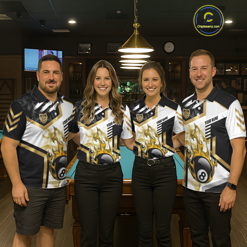 Gold 8 Ball Pool Fire Flame Smoke Custom Billiard Shirts For Women, Billiard Jerseys Team Uniform TDM5848