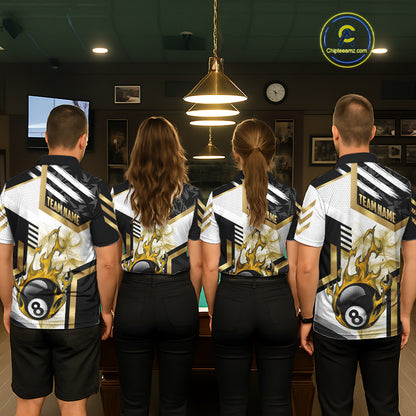 Gold 8 Ball Pool Fire Flame Smoke Custom Billiard Shirts For Women, Billiard Jerseys Team Uniform TDM5848
