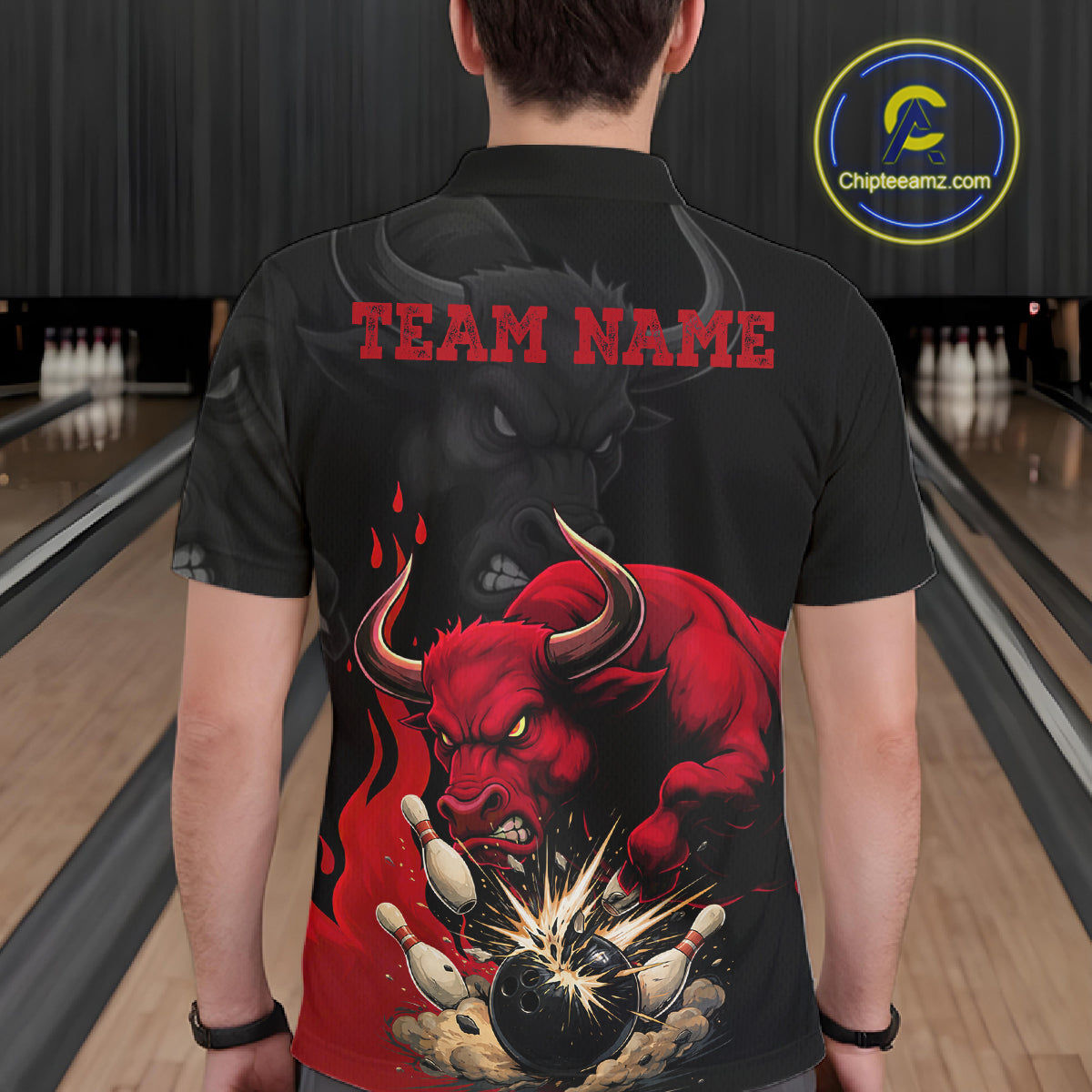 Black And Red Funny Bull Bowling Shirt For Men Custom Bowling Team Jersey Polo & Quarter Zip TDM6242