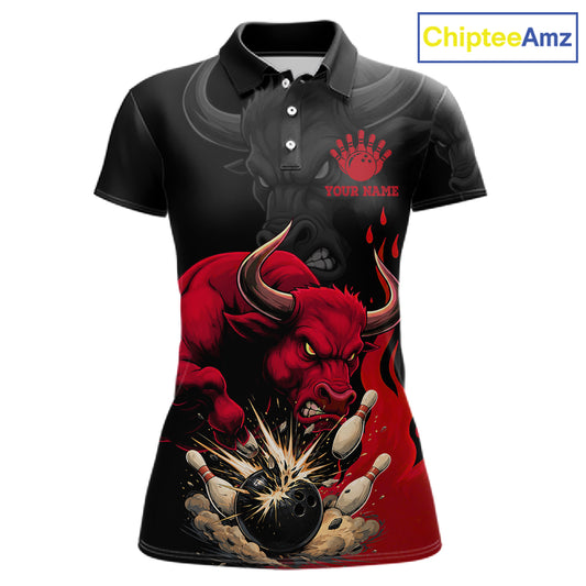 Black And Red Funny Bull Bowling Shirt For Women Custom Bowling Team Jersey Polo & Quarter Zip TDM6242