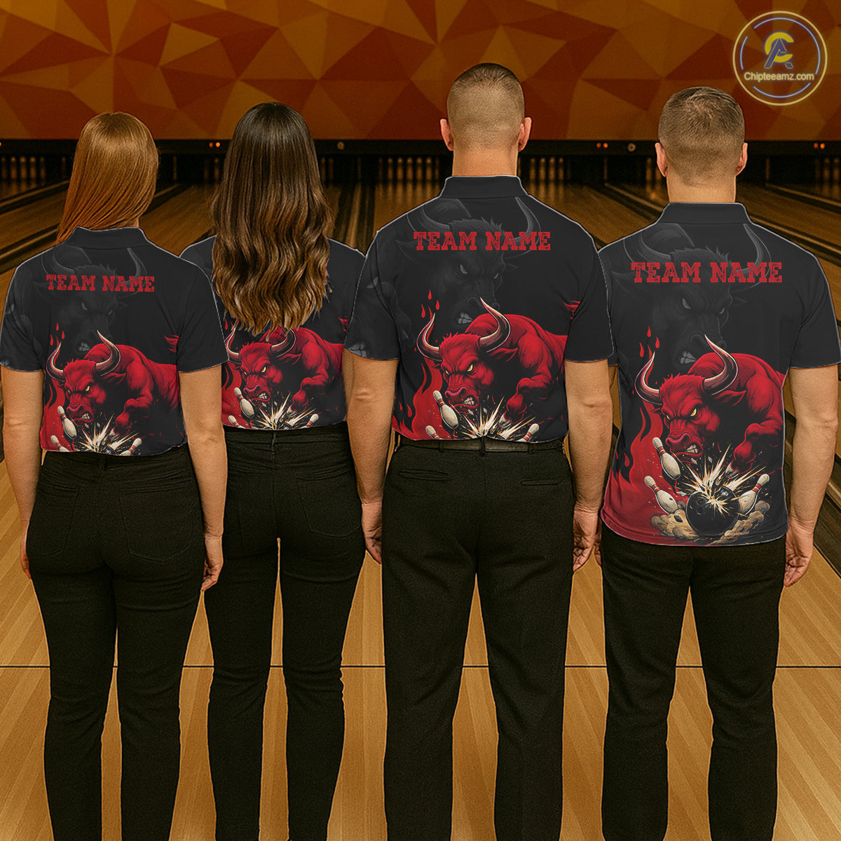 Black And Red Funny Bull Bowling Shirt For Women Custom Bowling Team Jersey Polo & Quarter Zip TDM6242