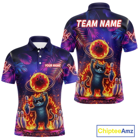 Custom Funny Cat Flame Bowling Shirt For Men, Personalized Tropical Bowling Jersey Polo & 1/4 Zip TDM6454