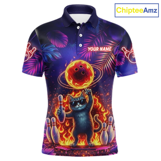 Custom Funny Cat Flame Bowling Shirt For Men, Personalized Tropical Bowling Jersey Polo & 1/4 Zip TDM6454
