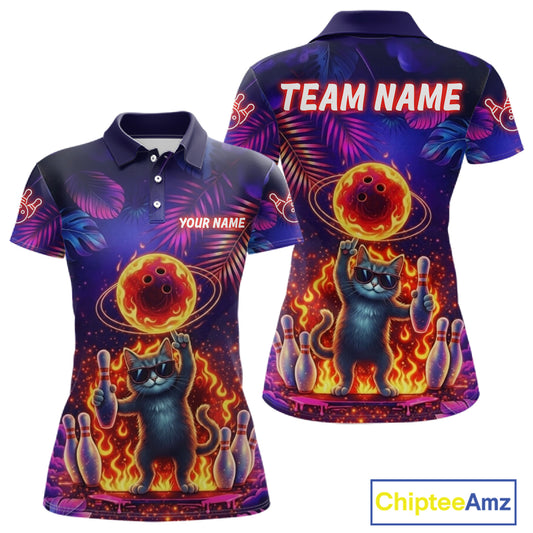 Custom Funny Cat Flame Bowling Shirt For Women, Personalized Tropical Bowling Jersey Polo & 1/4 Zip TDM6454
